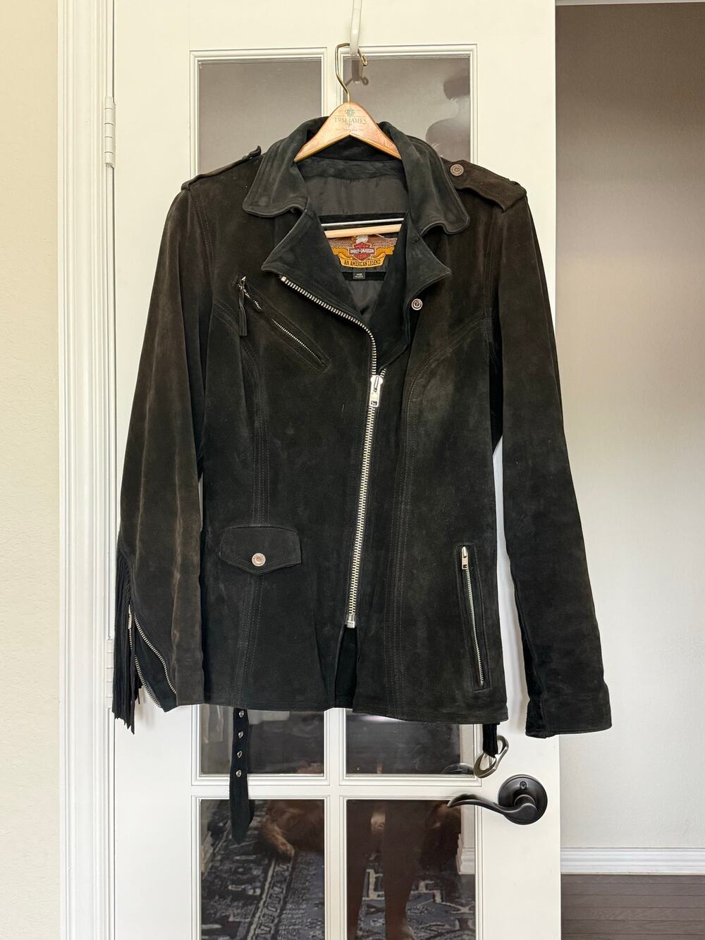 Vintage 90s Harley-Davidson Black Suede Fringe Moto Jacket Large USA Leather